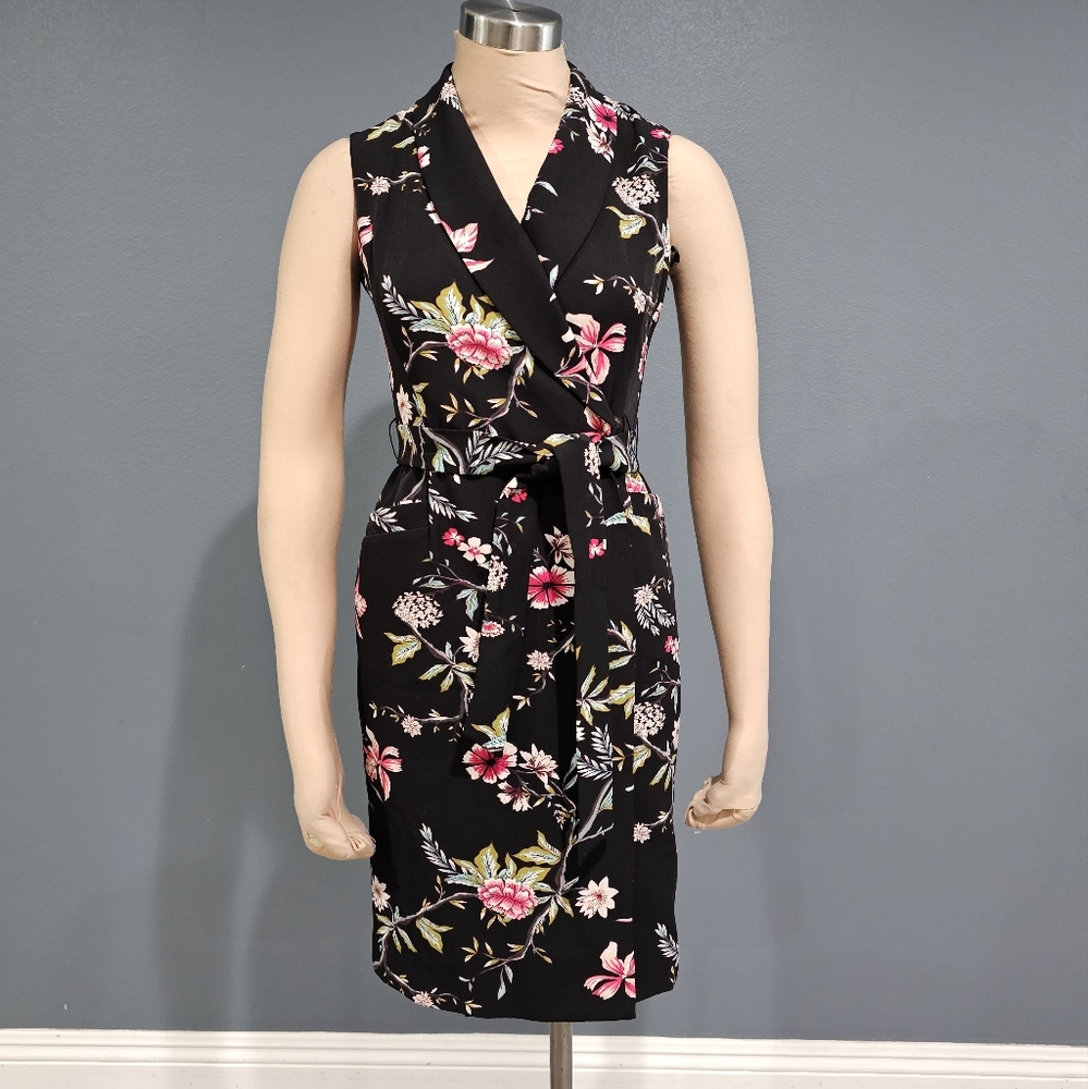 CALVIN KLEIN Women Black Floral Wrap Belted Cap Sleeve A-Line Dress 2P